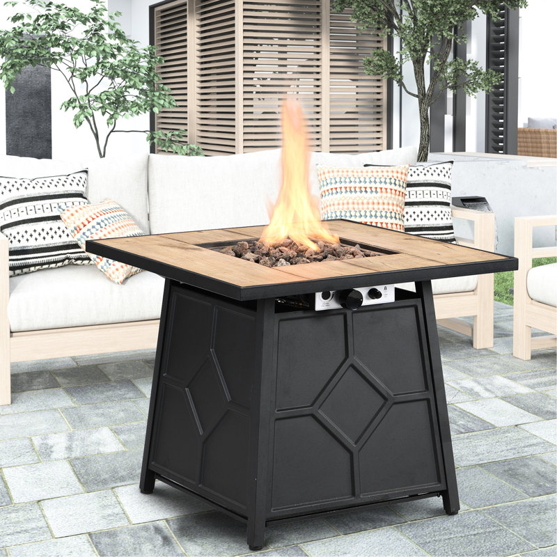 28 - Inch Square Propane Fire Pit Table 40,000 With Waterproof Cover, Brown, + Iron, Easy To Assemble, Outdoor Decor Element Auto Ignition Gas Table, Tile Desktop, Ambiance