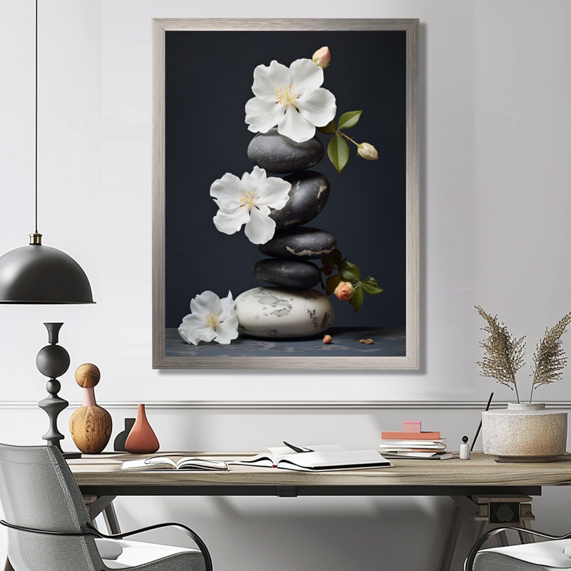 Décoration murale zen sérénité fleurs blanches pierre noire Cairn I - Pierre spirituelle, H 20 po x l 12 po x P 1 po