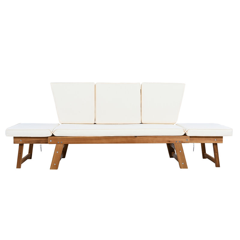 TOPMAX Outdoor Adjustable Patio Wooden Daybed Sofa Chaise Lounge With Cushions For Small Places, Natural Finish+Beige Cushion