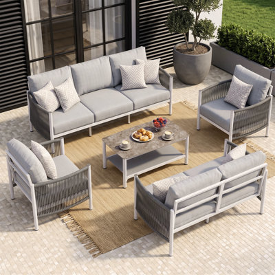 Ensemble de conversation bohème 5 pièces en aluminium pour patio extérieur avec coussins de 15 cm, canapé 3 places, causeuse, 2 fauteuils et table basse