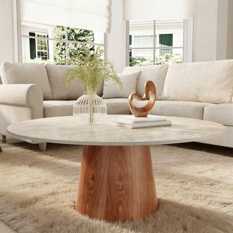 Modern Round Wooden Pedestal Coffee Table With Matte Natural Stone Tabletop, 17.44"H x 35.43"L x 35"W