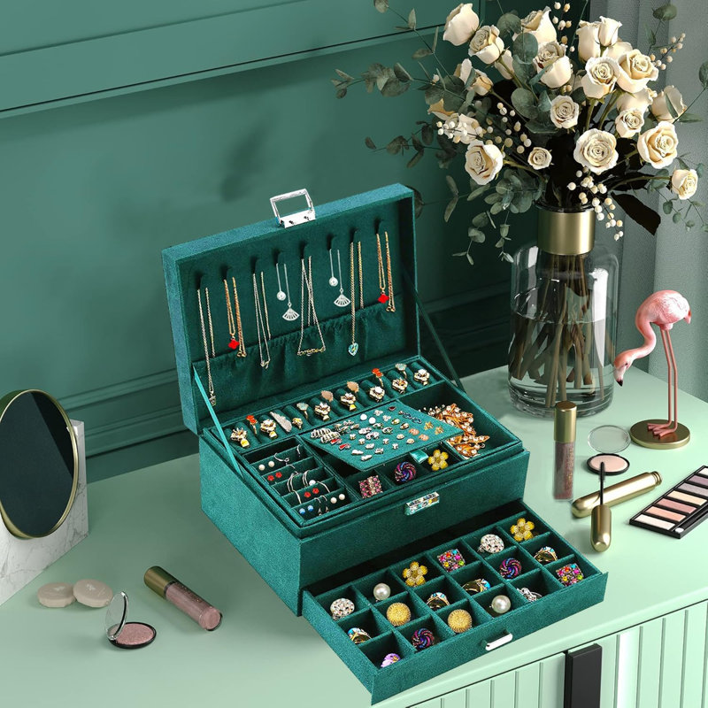 Boîte de rangement à bijoux en suède à grande capacité à 3 niveaux