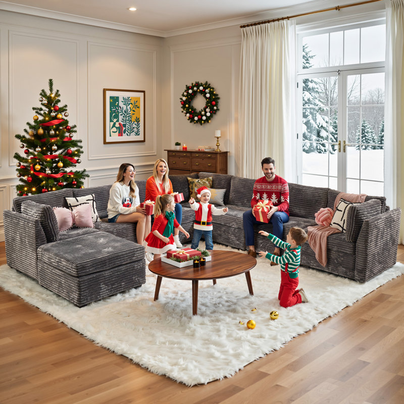 Cloudelle 8-piece U Shaped Modular Sectional With Oversized Ottoman Chaise, Modern Deep Seat Cloud Corduroy Sofa Set