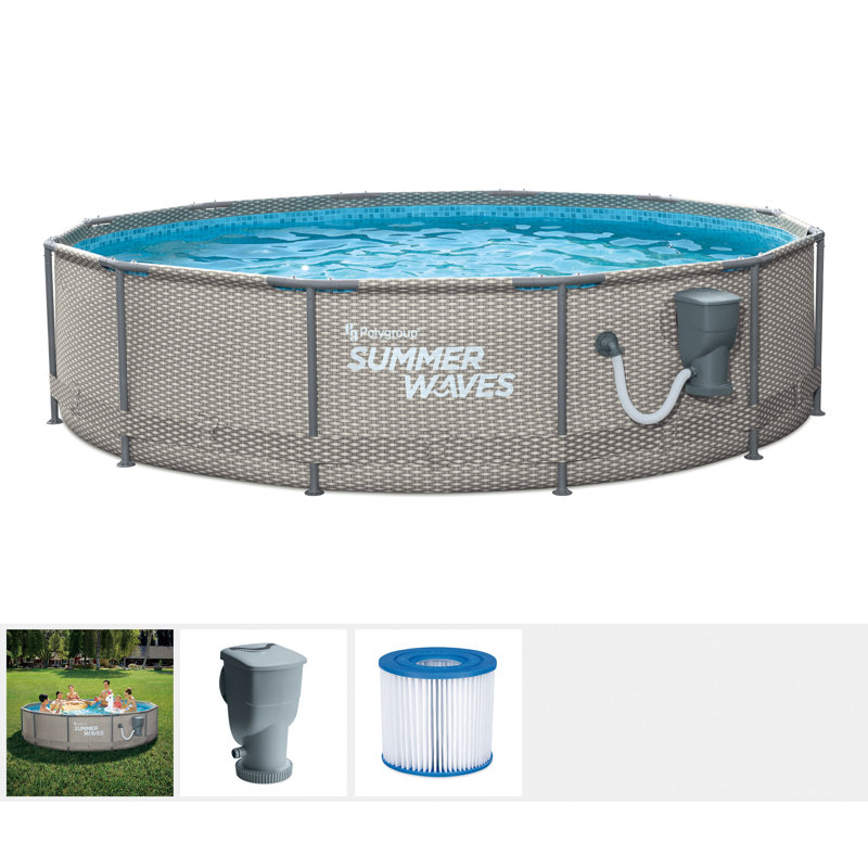 Summer Waves Plastic Round Frame Set Pool 33'' H x 144'' W x 144'' L , with Pump Included