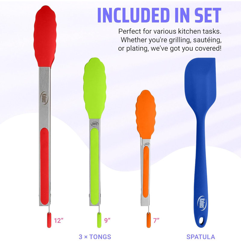 Kaluns Stainless Steel Kitchen Tongs Set of 4 with Silicone Tips, 7, 9 & 12 Inch Heat-Resistant Non-Stick BBQ & Cooking Tongs with Locking Handle and Silicone Spatula