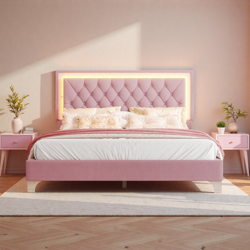 Grand cadre de lit tapissier grand avec lumières DEL, lit plateforme moderne en velours avec tête de lit capitonnée, Rose
