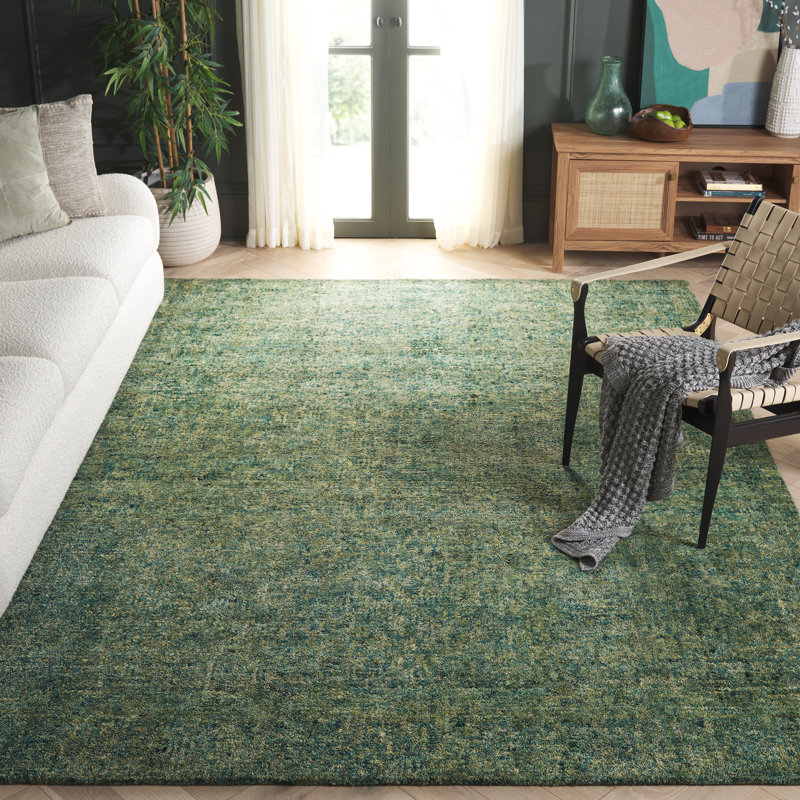 Gabbeh Hand Tufted 20% Cotton/80% Imported Handspun Wool No Pattern Area Rug in Green, Rectangle 4' x 6'