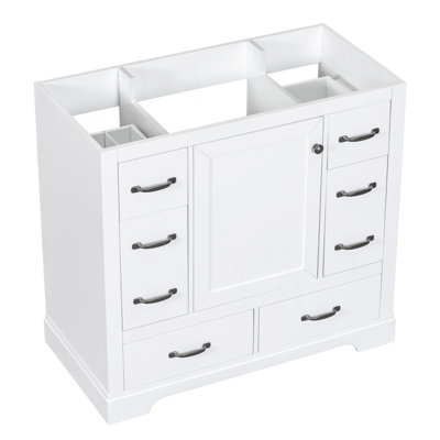 Meuble-lavabo 36 po sans lavabo, base d'armoire seulement, six tiroirs, diviseur de tiroir multifonctionnel, tablette réglable, blanc
