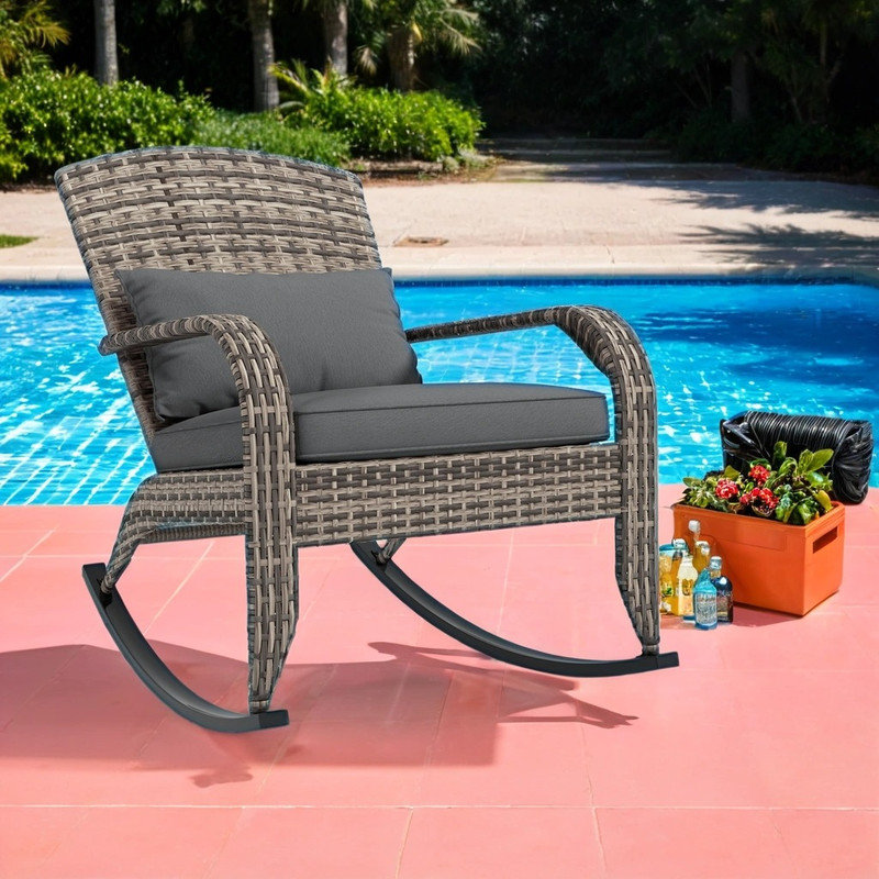 Chaise berçante Adirondack en osier toutes saisons avec coussins, Gris, Gris