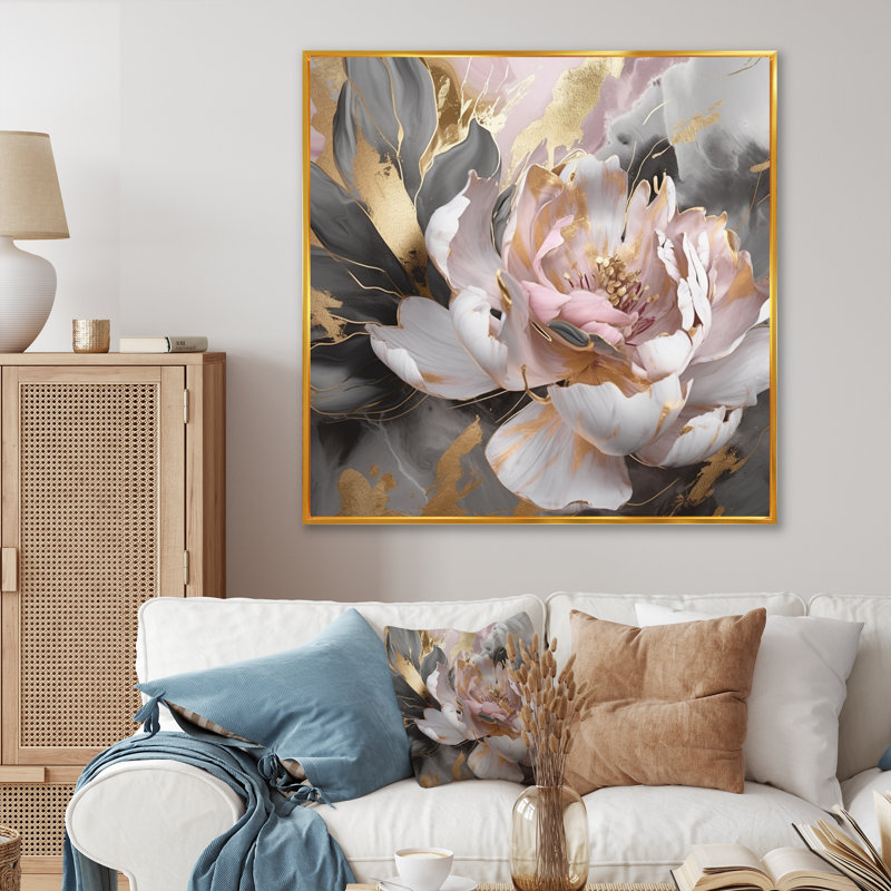 Marbre rose doré, pivoine fleur IV - Abstrait marbré, impressions sur toile, H 24 po x l 24 po, Cadre flottant doré