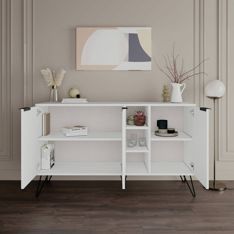 Jaycee 142 Cm Wide Sideboard | Stylish Storage Cabinet with Metal Hairpin Legs, White