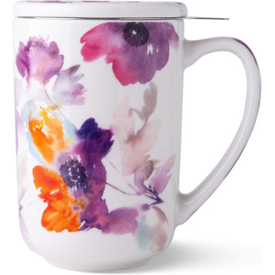 Grande tasse à thé en céramique 18 oz avec infuseur, couvercle et porte-sachet de thé, idéale pour le thé en feuilles et les cadeaux.