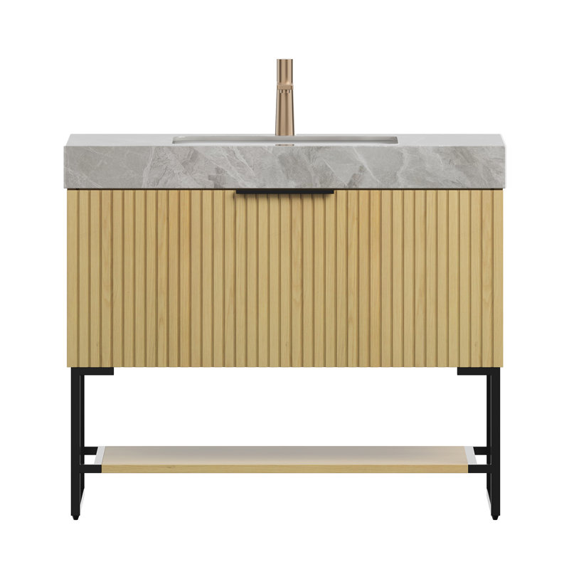 Mary 36" Bathroom Vanity with Ceramic Basin, Drawer & Shelf, Golden Oak/Black