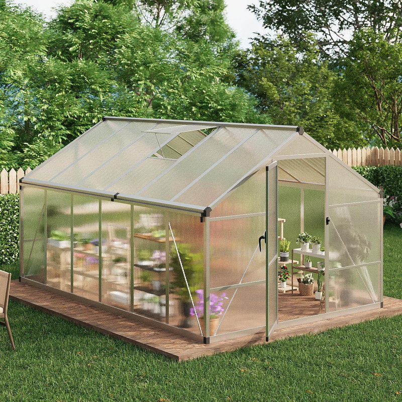 8 x 10/12FT Polycarbonate Walk-in Greenhouse with Roof Vent, Aluminum Frame Large Garden Greenhouse for Outdoors, Silver
