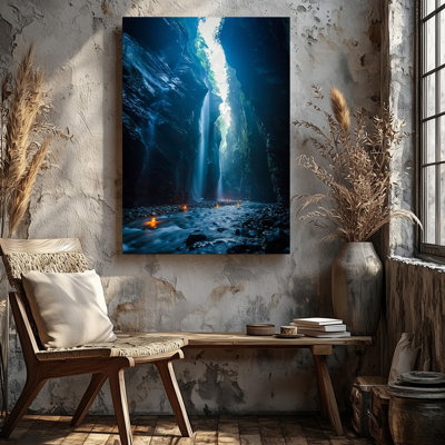 Toile, scène de grotte dramatique sous-marine illuminée par des cascades avec art mural