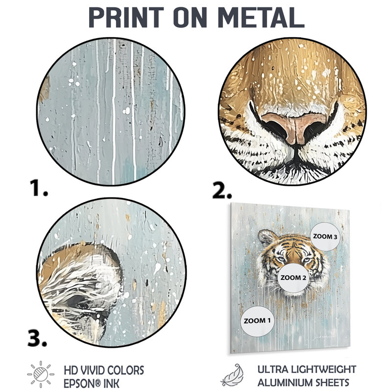Tigre dans la pluie I - animaux, décoration murale en métal, impression sur tigre, H 32 po x l 16 po