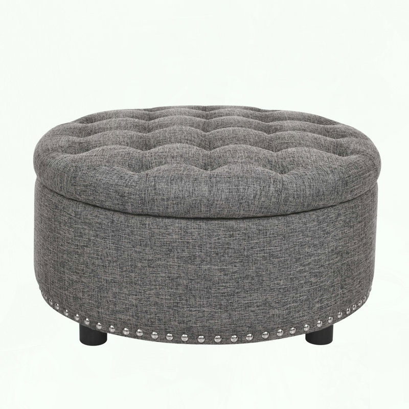 Tufted Storage Ottoman with Nailhead Trim, Linen, Dark Gray