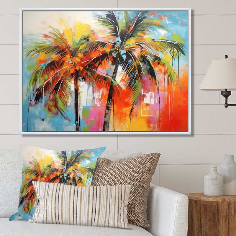«Popart Palm Trees I», reproduction d'art sur toile Palm Trees, Cadre flottant blanc, H 24 po x l 32 po x P 1 po