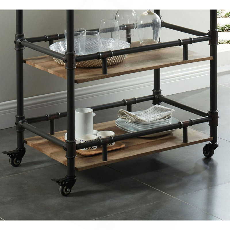 Industrial Style Antique Black Inspired Design Natural Oak 1Pc Serving Cart 3-Tier Server W Wheels