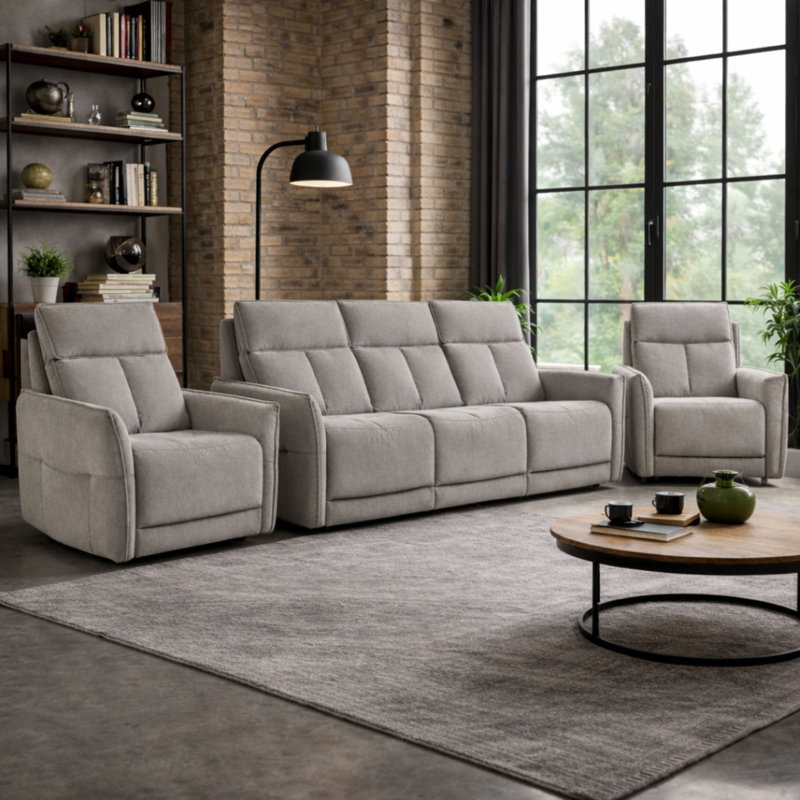 Almita Fabric Upholstered Power Recliner 3 + 1 + 1 Sofa Set with USB Charging, Fawn