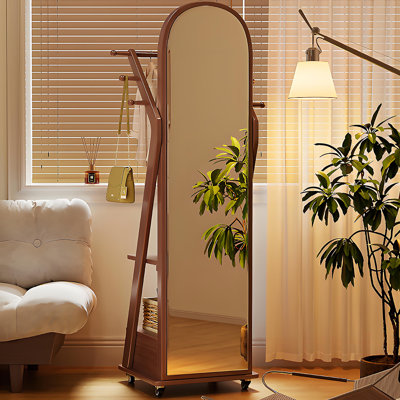 70.08"H Walnut Rotating Full-Length Mirror with Wheels, Movable Wardrobe Mirror with Integrated Coat Rack for Bedroom & Entryway