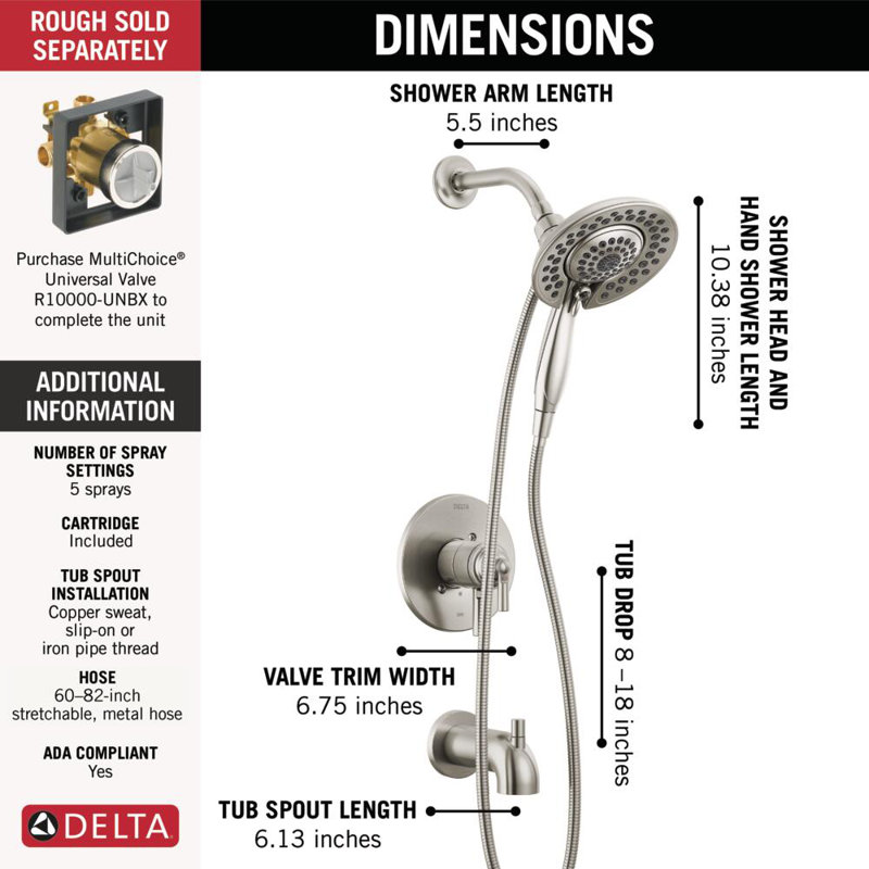 Saylor 17 Series Brushed Nickel Tub and Shower Faucet Combo In2ition 2-in-1 Shower Head with Handheld Spray, Bathtub Faucet, Tub Faucet Set, Stainless (Valve Not Included)