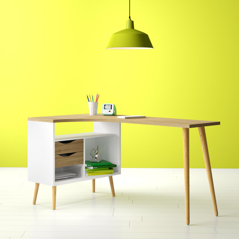 Bureau d'écriture en forme de L de 57,13 po avec tablettes et rangement Justus, Chêne / Blanc