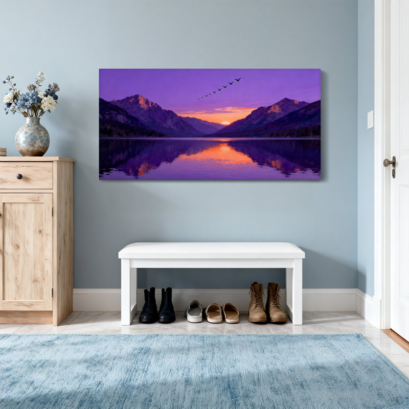 Paysages pittoresques et urbains, lac de montagne, coucher de soleil, reflet, oiseaux, mauve, H 16 po x l 32 po