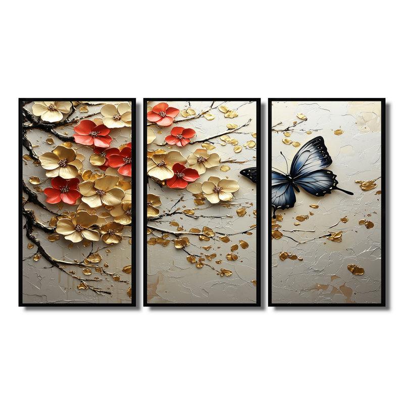 Ensemble de décoration murale papillon bleu sur branche de cerisier doré II, H 28 po x l 36 po x P 1 po