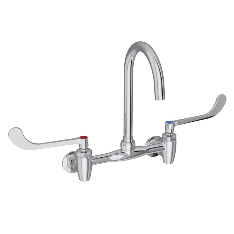 8" Centerset Deck Mount Laminar Flow Faucet with 5" Gooseneck Spout 6in Wristblade Handles 1/2" Offset Inlets+Stop