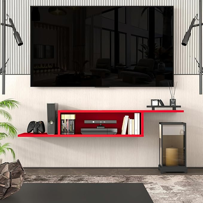 Meuble audio-vidéo mural et flottant rectangulaire en bois brun foncé de 65 po de largeur avec tablettes en bois, Rouge