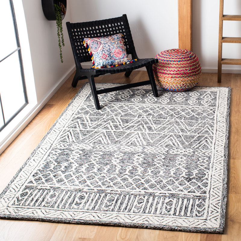 Tapis ivoire / noir en laine touffeté à la main Jacks Southwestern, Rectangulaire 8 pi x 10 pi