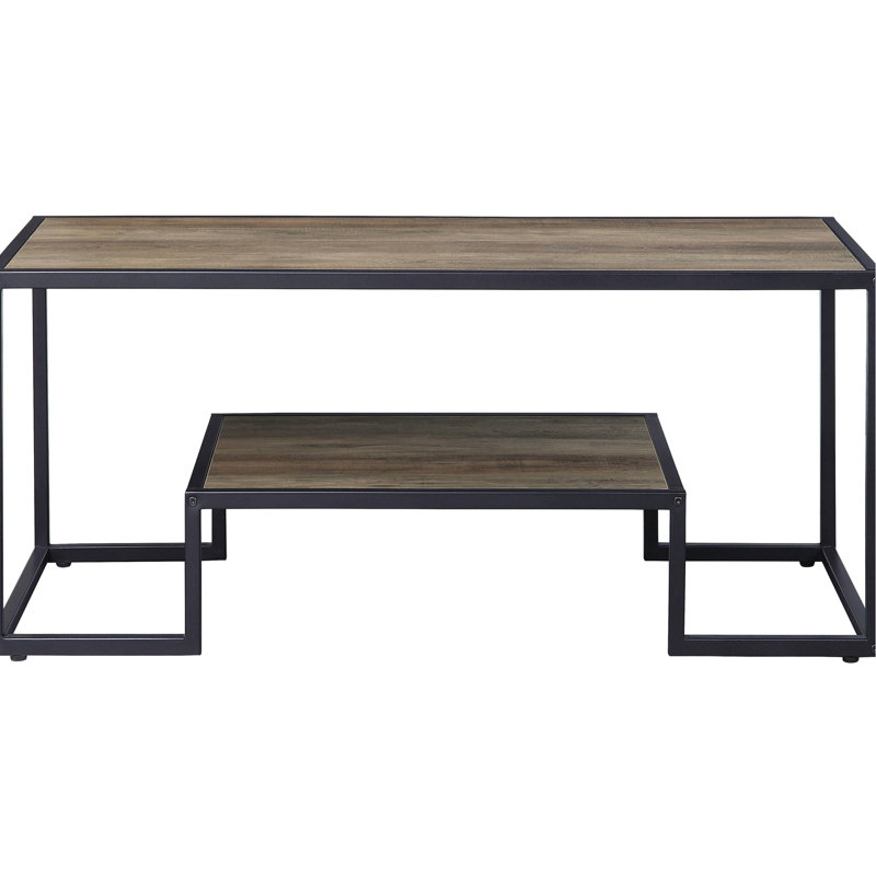 Table basse rectangulaire industrielle - étagère pour magazines et collations, chêne rustique noir, design rayé noir, boissons, surface, thermolaqué