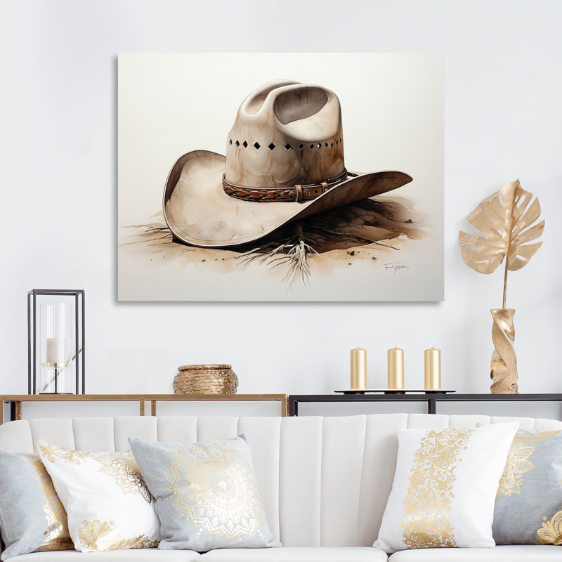 Chapeau de cowboy style minimaliste V - Cowboys, art mural de salon, H 30 po x l 40 po x P 1,5 po, Toile tendue