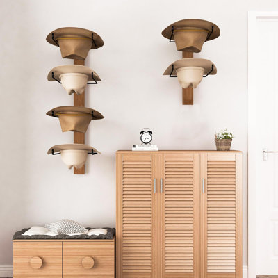 Support à chapeau de cowboy - porte-chapeau Western 6 pièces, métal noir rustique et planche de bois naturel