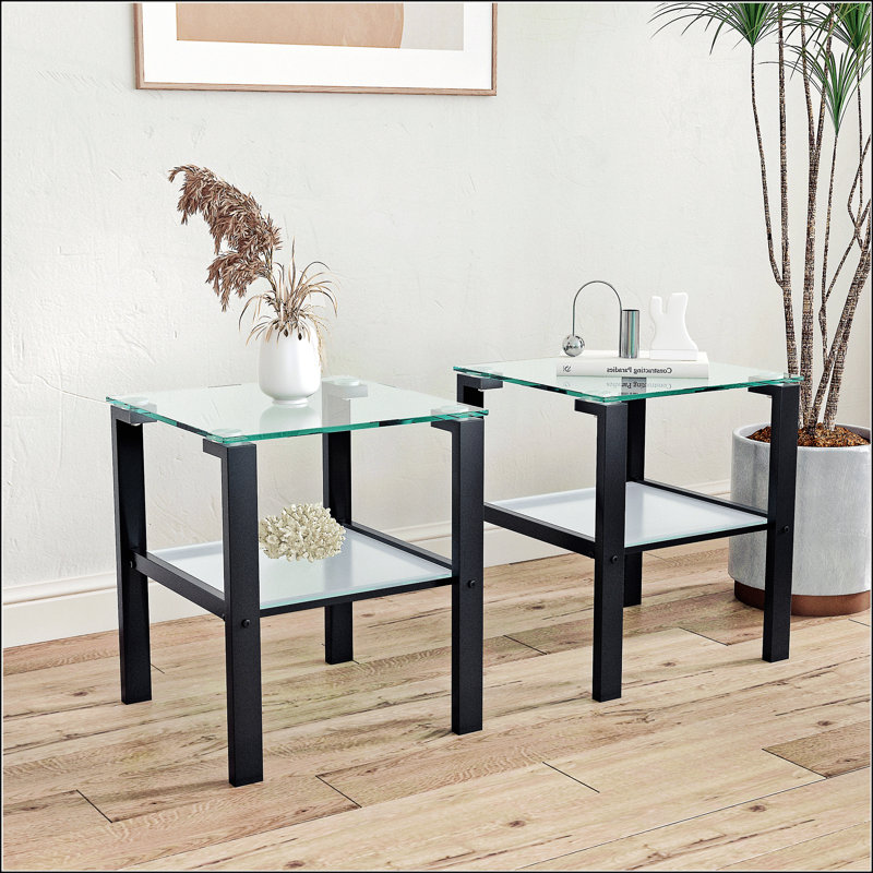 Set Of 2 Glass Two Layer Tea Table, Transparent/Black