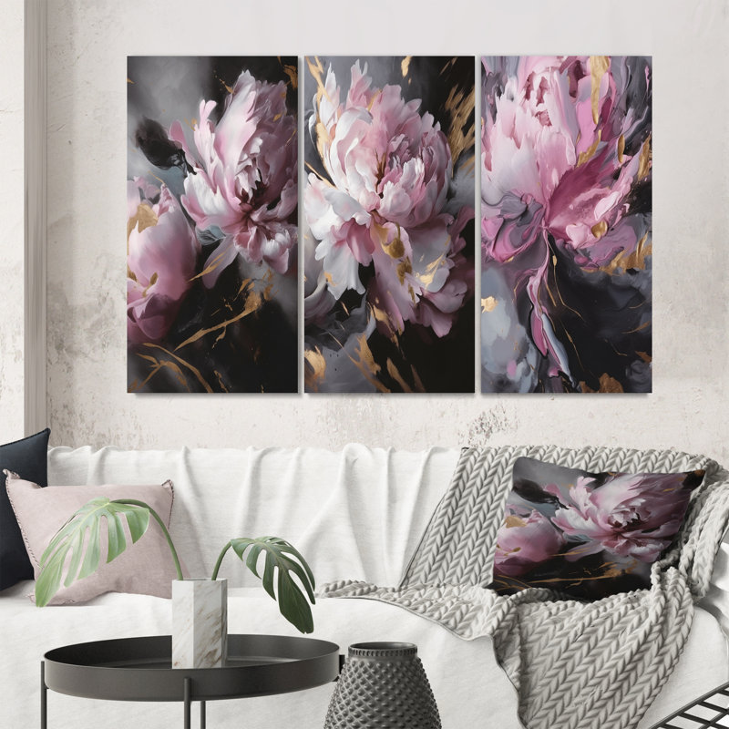 «Harmonious Pink Grey Peony Flower», 3 pièces, Toile tendue, H 40 po x l 60 po