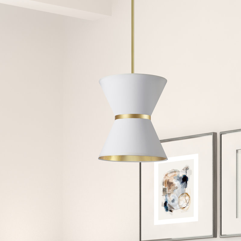 1 - Light Shaded Pendant, Aged Brass, White/Gold