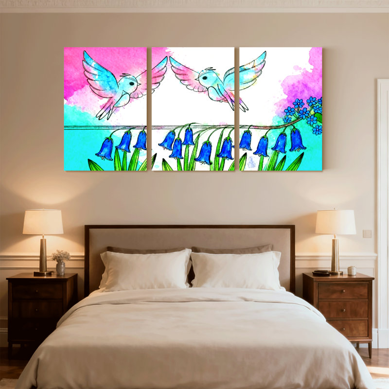 «Birds Birds Flying Over Bluebells Reflection», ensemble de 3 impressions sur toile, H 18 po x l 36 po