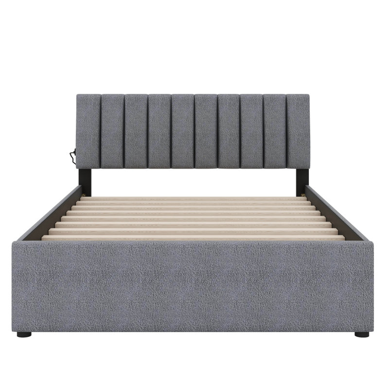Lit plateforme tapissier Teddy, Gris, Grand lit