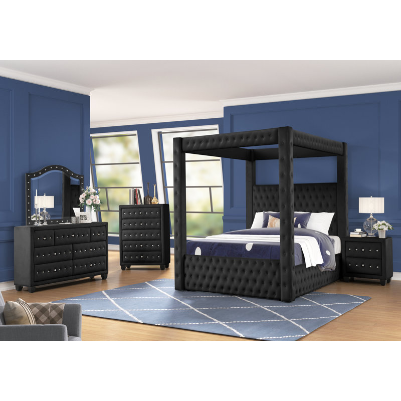 Janeece Upholstered Canopy 4 Piece Bedroom Set, King, Black