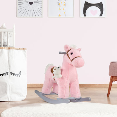 Qaba Kids Rocking Horse Plush Animal on Wooden Rockers with Sounds, Wooden Base and Bear Toy, Baby Rocking Chair, Pink