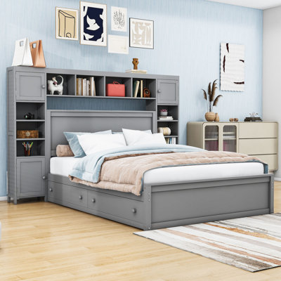 Lit 2 tiroirs en bois avec lit gigogne, armoire de rangement, tablettes et prises intégrées