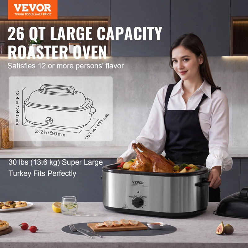 26qt Electric Roaster Oven With Self-basting Lid – 1450w Turkey Oven Fits Up To 30 Lbs, Adjustable Temperature 150°f-450°f, Defrost & Warm Functions, Removable Pan & Rack