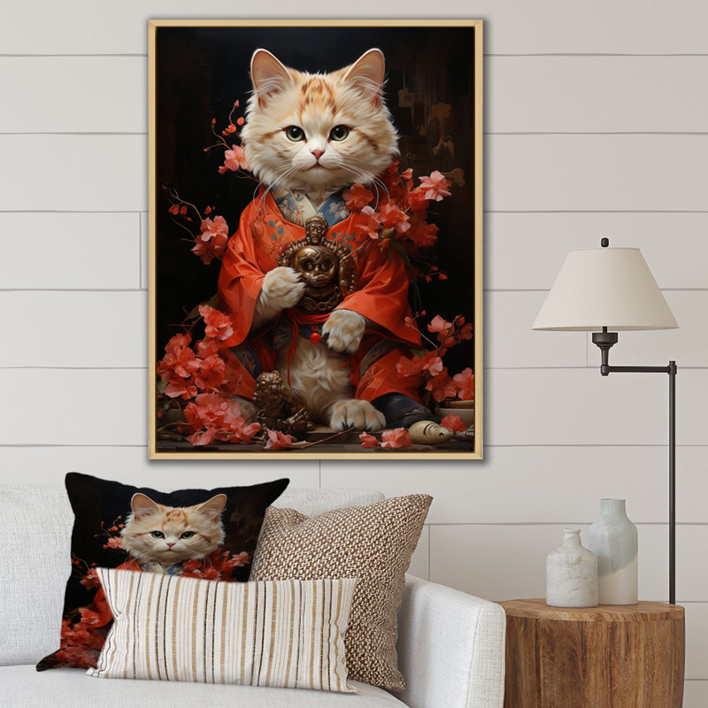 Uzay " Japon Art Waving Manekineko I ", Natural Floater Framed, 32" H x 16" W x 1" D