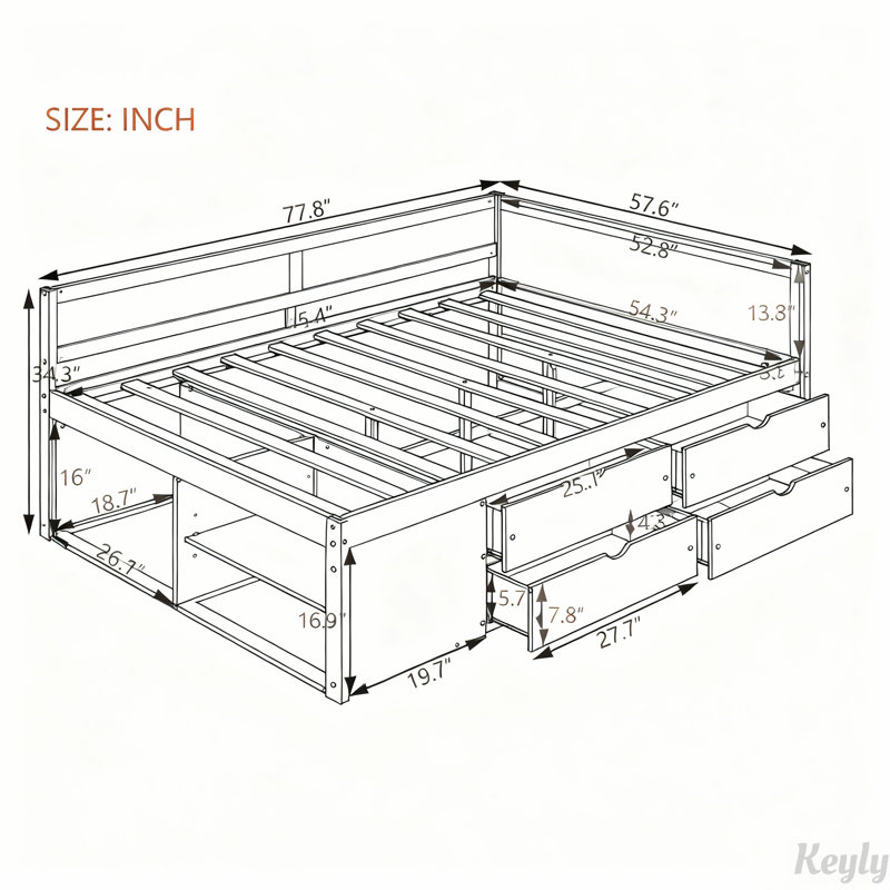 Elegant Daybed with Drawers and Shelves, Space-Saving and Stylish for Modern Living and Organization., Walnut, Full / Double