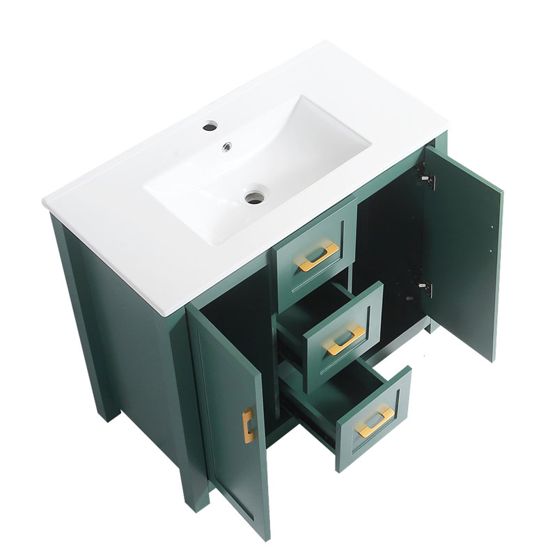 Meuble-lavabo 36 po avec lavabo en céramique, 2 portes et 2 armoires, fermeture en douceur, mobilier moderne, tiroir encastré 2 portes, fermeture, look