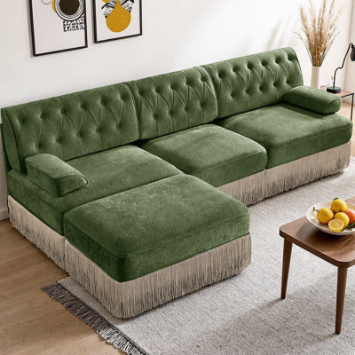 Canapé modulaire en L en velours 3 places avec repose-pieds, canapé Chesterfield avec capitonnage à boutons et jupe à pampilles, mousse haute résilience et base en bois pour le salon, le bureau