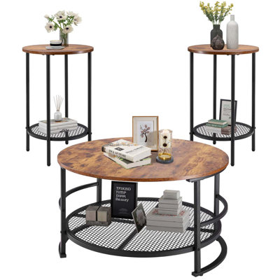 3-Piece Round Coffee Table Set with Industrial Metal Legs and Flexible Configuration