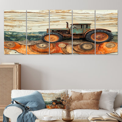 Ferme avec paysage de tracteur sur un dessus d'orange - Art mural ferme - décoration murale campagne 5 pièces